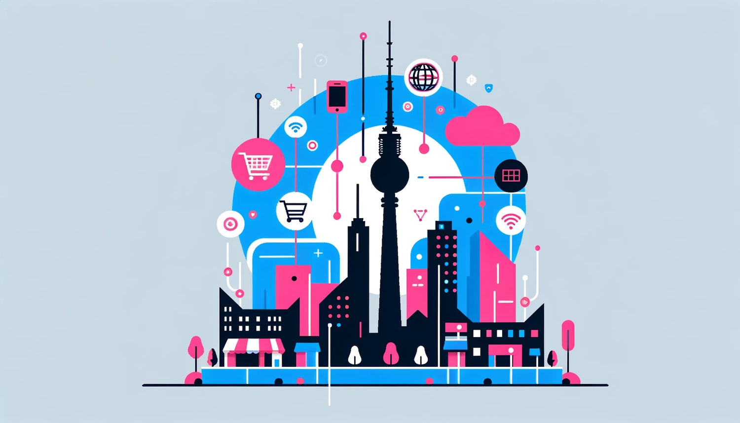 minimalistische Stadtsilhouette mit Fernsehturm und digital vernetzten Symbolen in Pink und Blau