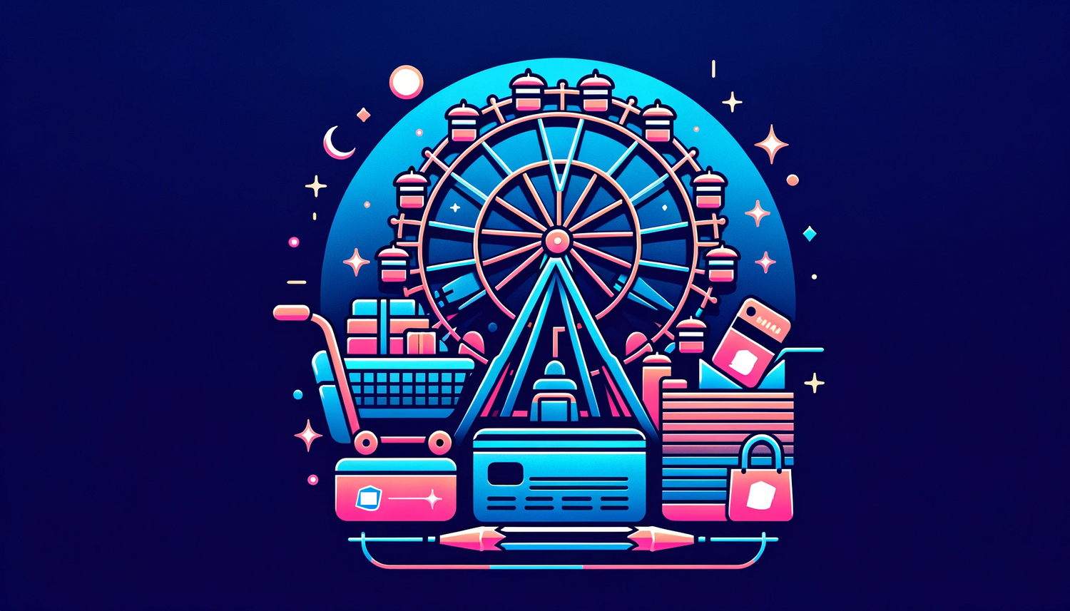 Neonfarbene Illustration Riesenrad umgeben von Einkaufswagen Einkaufstasche Kreditkarte Smartphone Geschenkpaketen Stift Symbolik für Onlinehandel