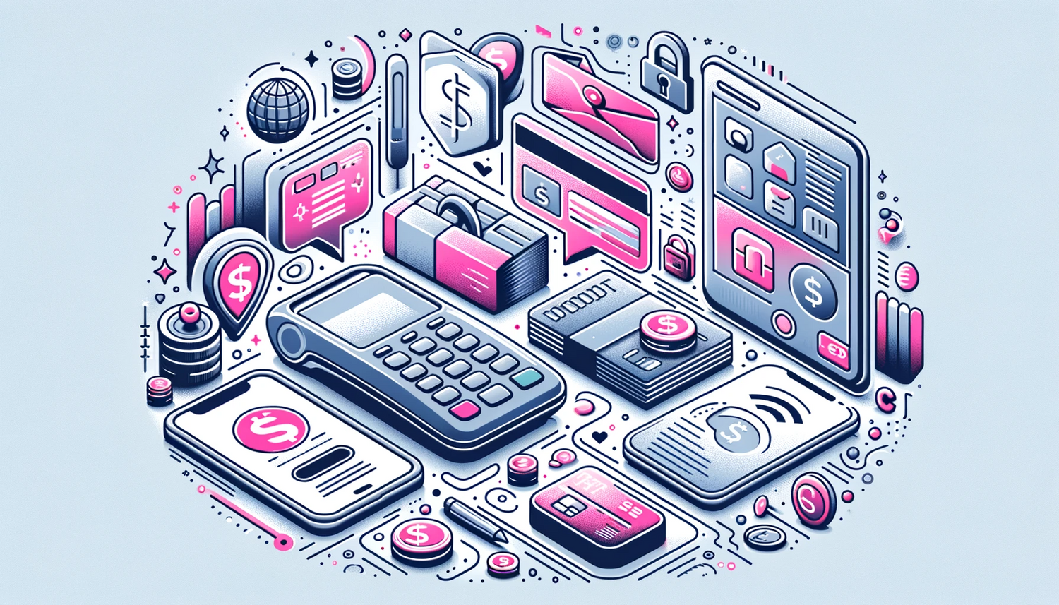 Isometrische Illustration digitaler Zahlungsgeräte und Finanzsymbole mit Smartphone, Kartenlesegerät, Geldscheinen, Münzen und Sicherheitsschlössern