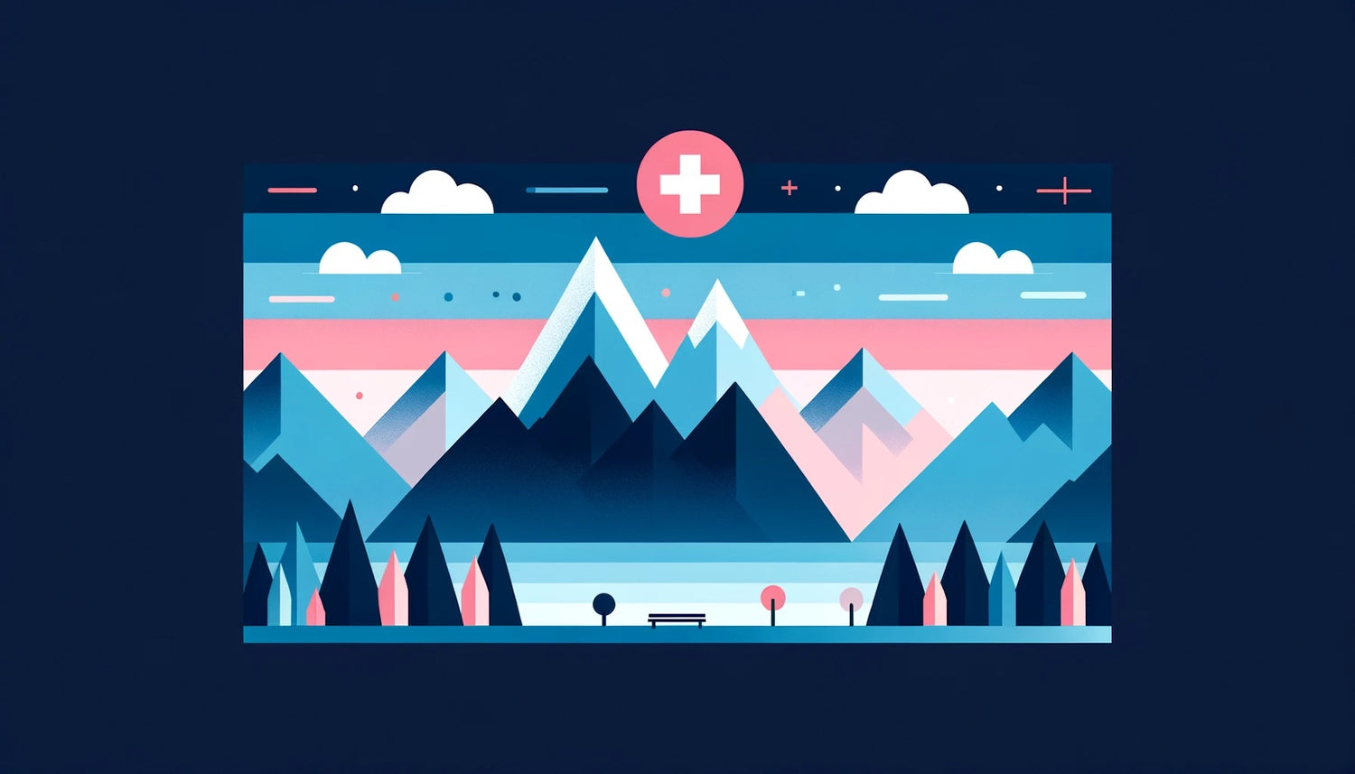 Schlichte Illustration mehrerer blauer und rosa Berggipfel vor See mit Baumreihe Bank rotem Kreuzsymbol und Wolken