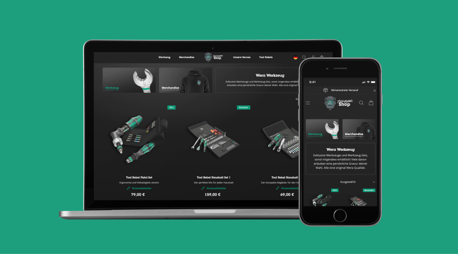 Silberner Laptop und Smartphone vor grünem Hintergrund zeigen Wera Online Shop mit personalisierbaren Werkzeugsets und Merchandise