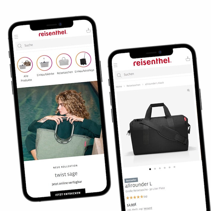 Zwei Smartphone-Displays auf Reisenthel-Website links Frau mit salbegrüner Reisetasche rechts schwarzer Allrounder L Reisetasche