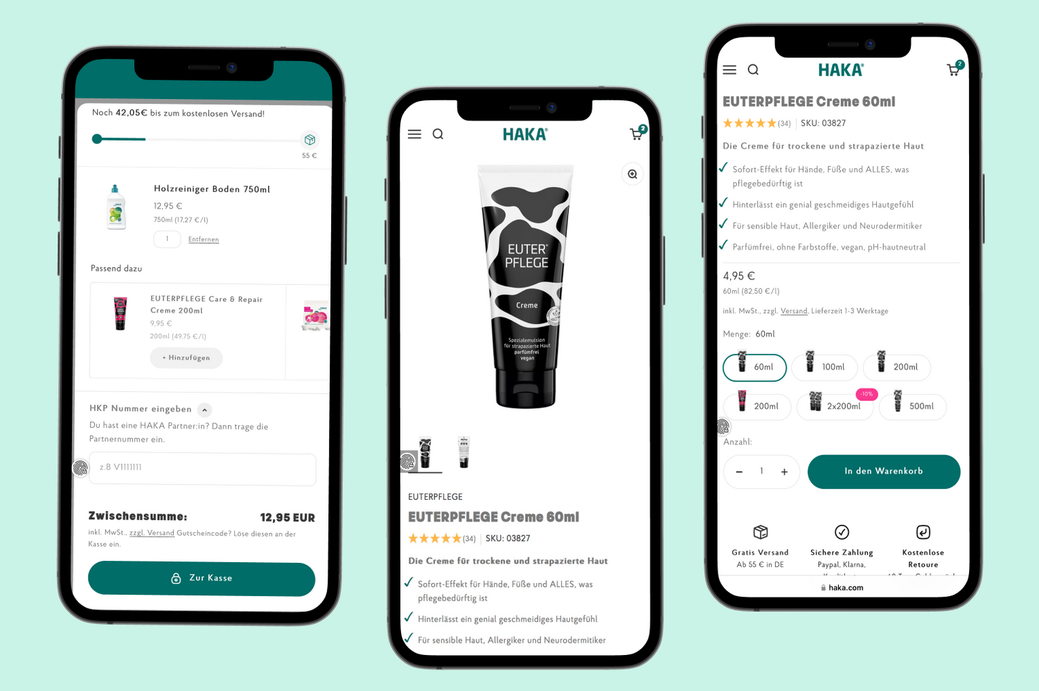 drei Smartphone-Displays mit HAKA Onlineshop Bestellübersicht, Euterpflege Creme Produktbild und Variantenwahl