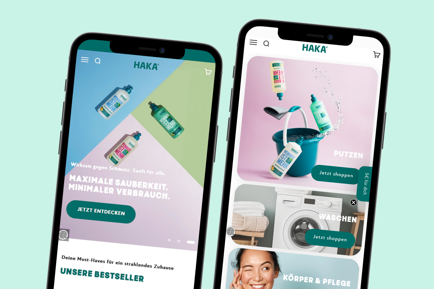 Zwei Smartphone-Bildschirme mit HAKA-Shop, bunten Reinigungsflaschen, Eimer, Wasser spritzend, Wischlappen und Waschmaschine vor pastellfarbenem Hintergrund