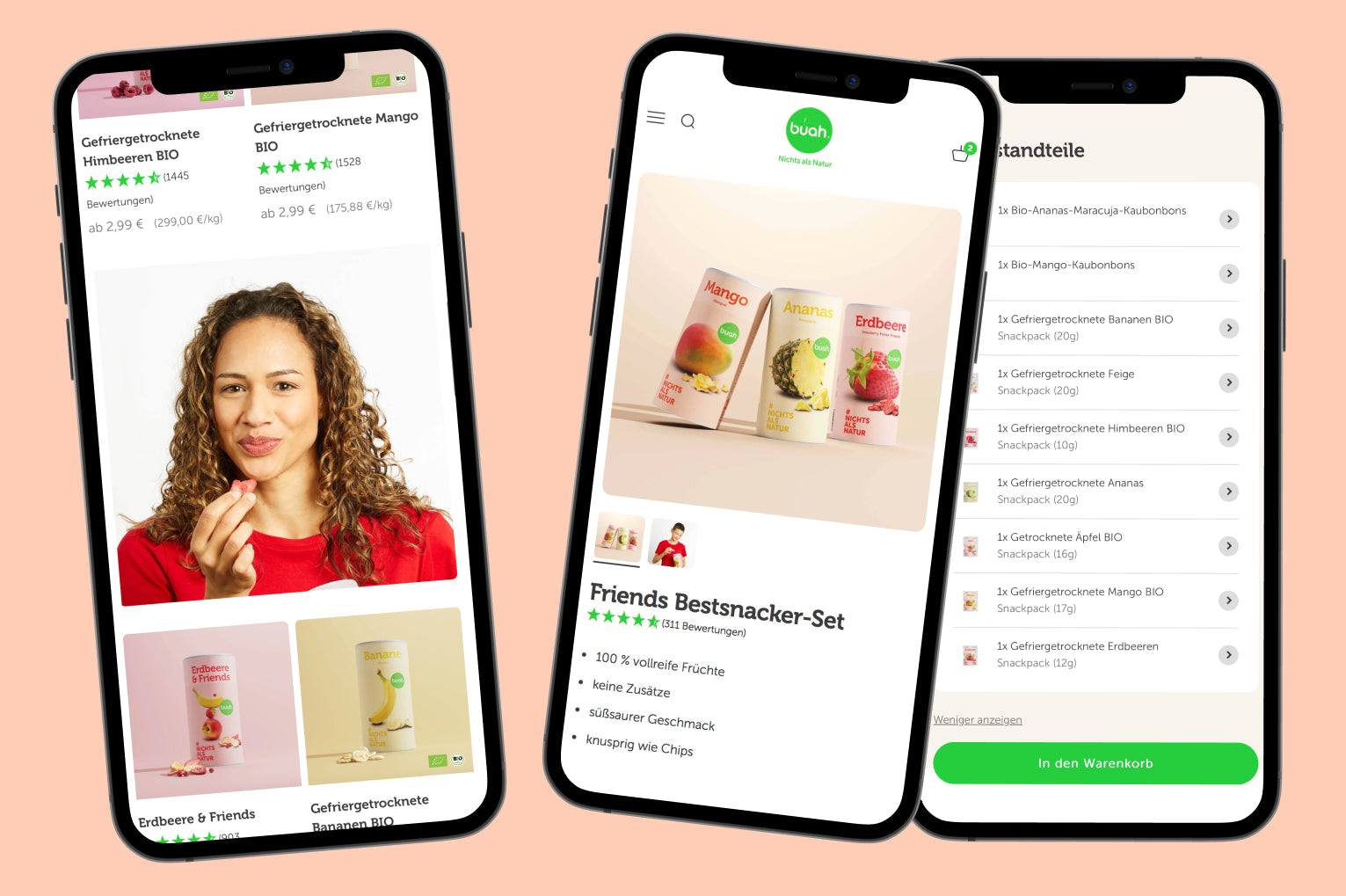 Drei Smartphones zeigen Snackshop-App: Frau isst gefriergetrocknete Früchte, Bestsnacker-Set mit Mango Ananas Erdbeere, Zutatenliste