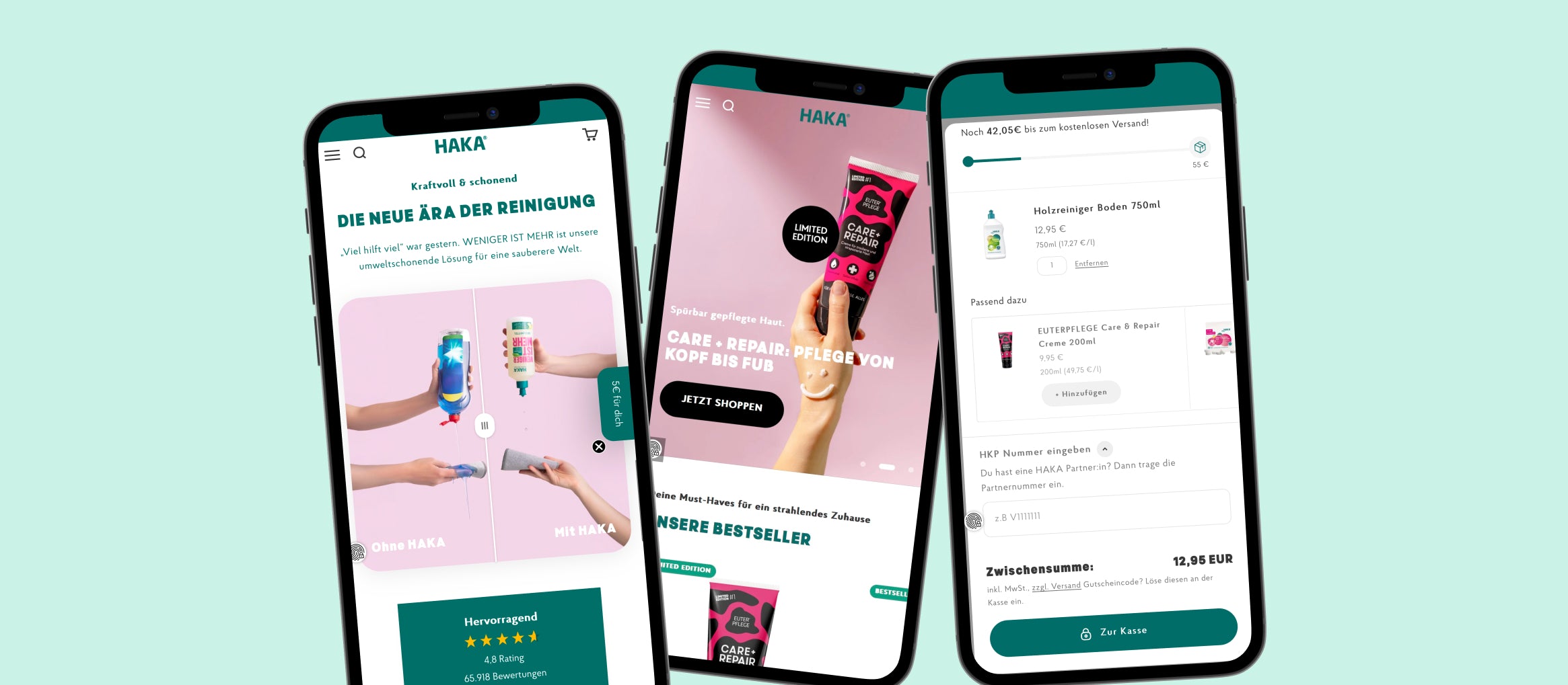 Drei Smartphone-Bildschirme HAKA Webshop links Vorher Nachher Reinigungstest Mitte Care Repair Tube rechts Warenkorbübersicht