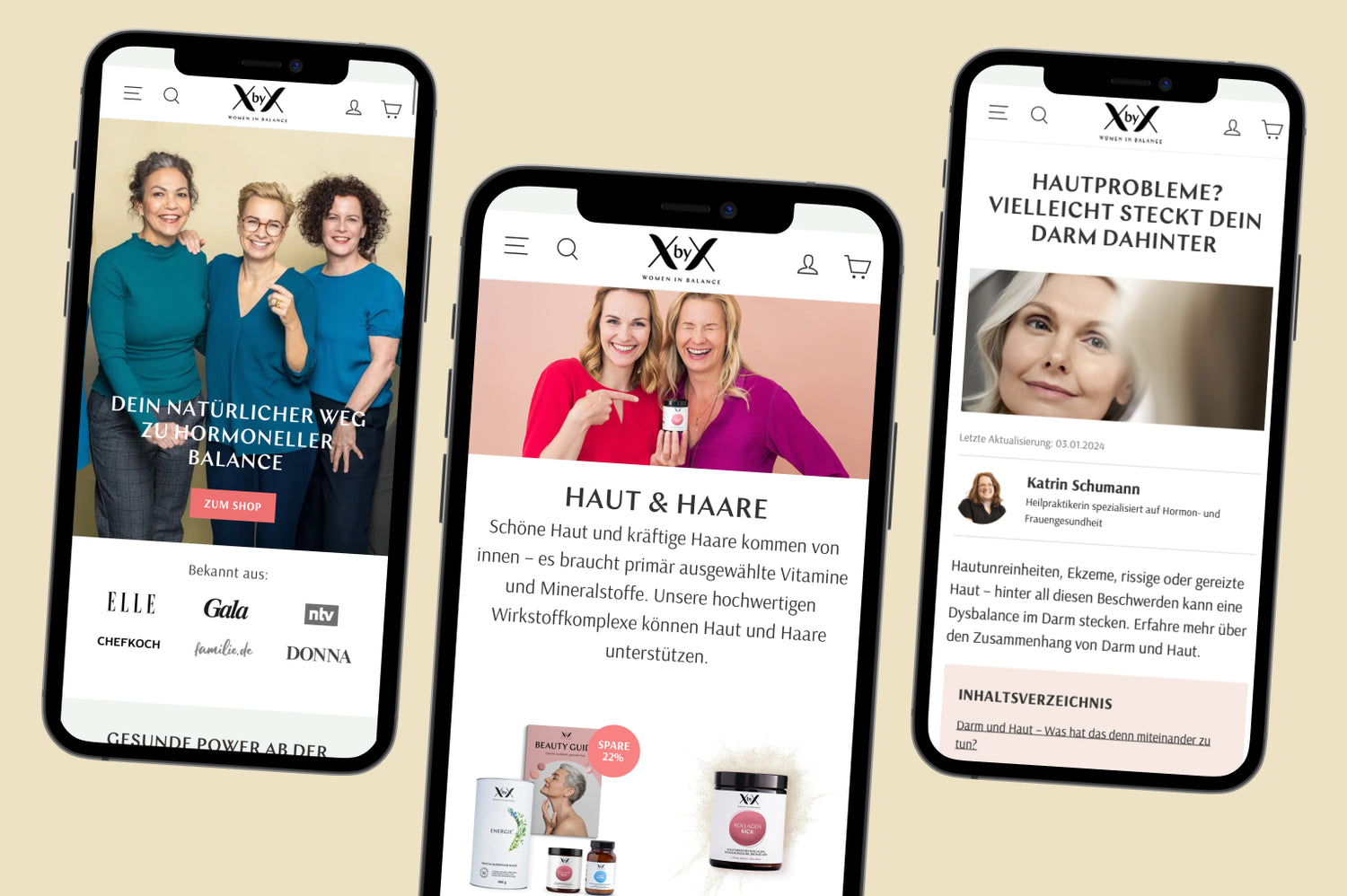 Drei Smartphones mit XbyX-Frauengesundheitsseite: Frauen-Teamfoto, Haut-Haare-Produkte, Darm-Haut-Artikel