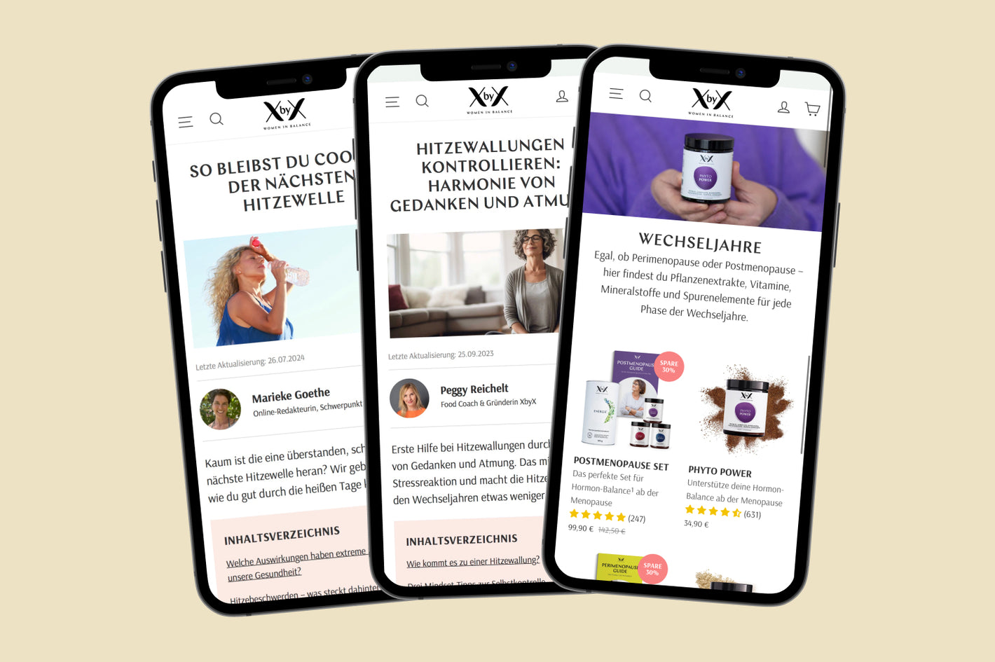 Drei Smartphonebildschirme mit XbyX Webseite Hitzewellenratgeber Meditationstipp und Wechseljahrepräparaten
