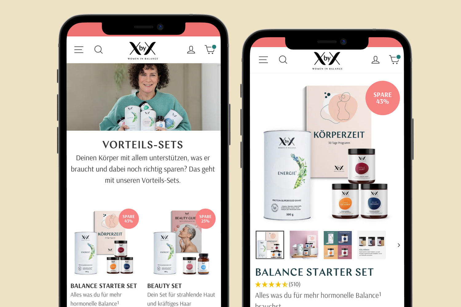 Zwei Smartphones mit XbyX App links lächelnde Frau hält Vorteils-Sets rechts Balance Starter Set mit Shake-Dose Pulverbox und drei Tiegeln
