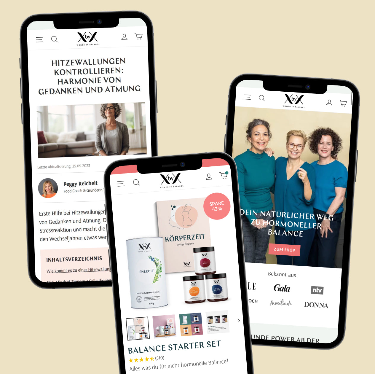 Drei überlappende Smartphones mit Ratgeber zu Hitzewallungen, hormonelles Balance-Starterset und drei lächelnde Frauen vor hellem Hintergrund