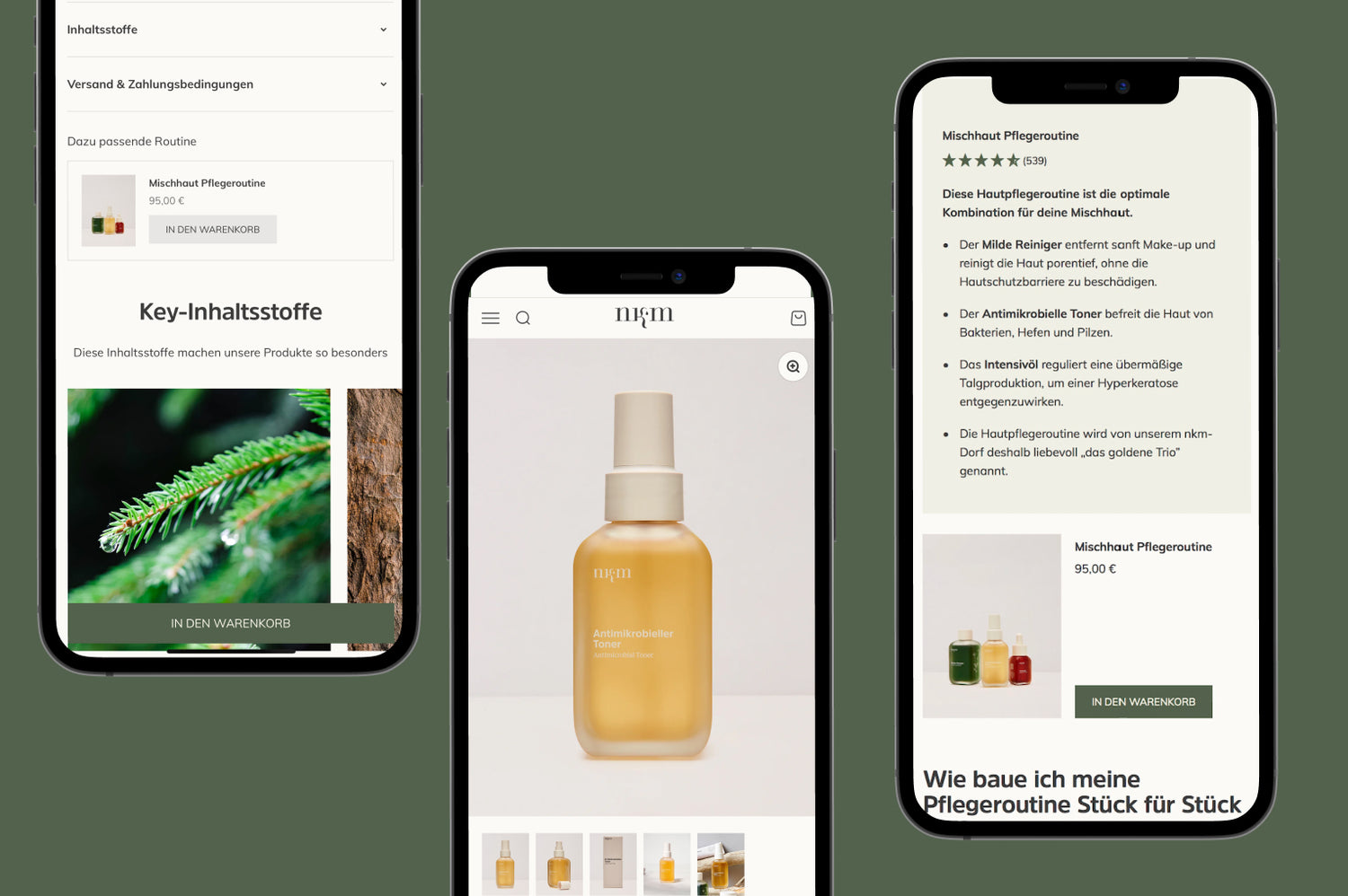 Drei Smartphones zeigen Hautpflegeproduktseite mit antibakteriellem Sprühflakon und Mischhaut Pflegeroutine