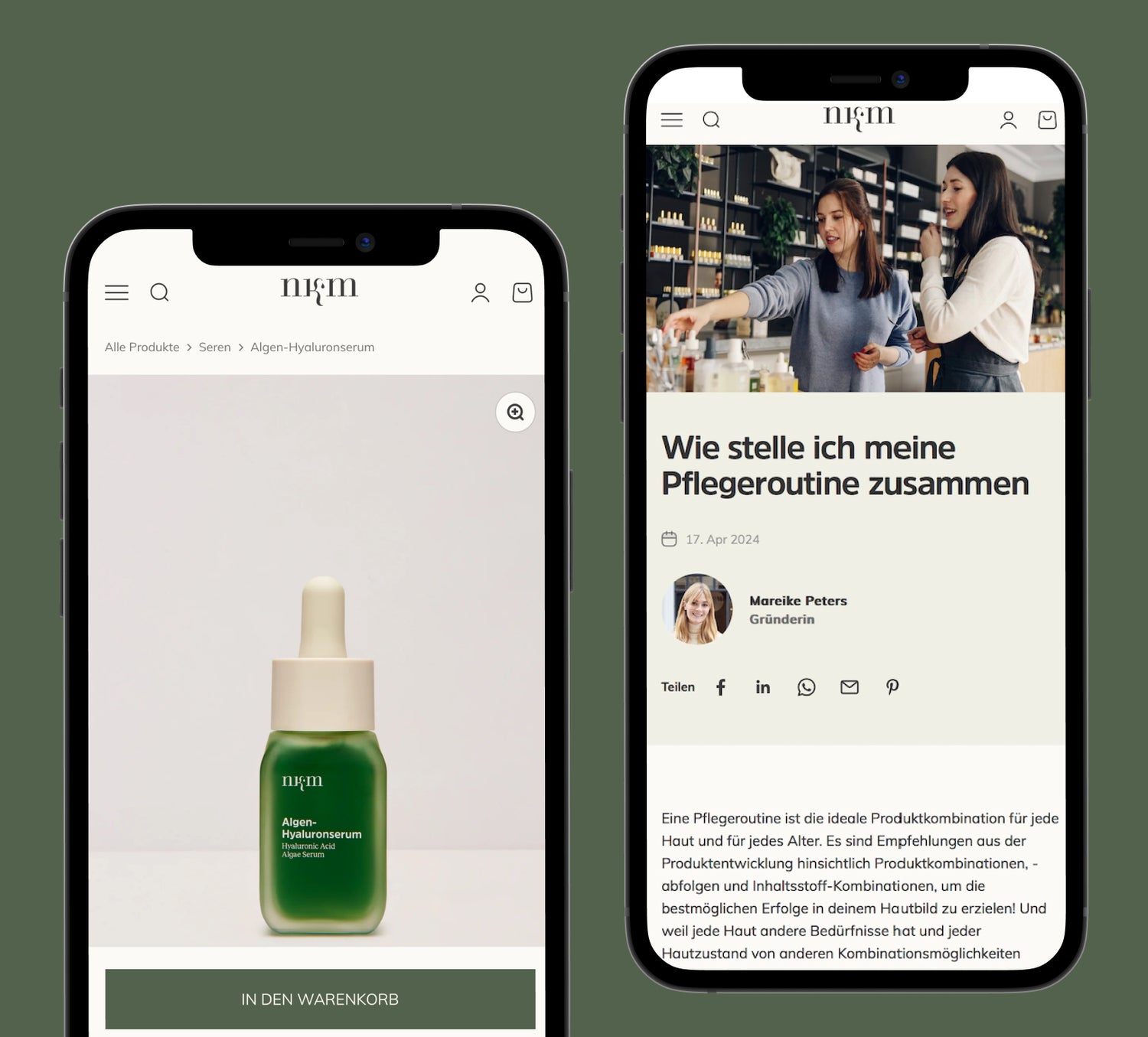 Zwei Smartphones nebeneinander links Algen-Hyaluronserum Produktdetail rechts Artikel über Pflegeroutine mit zwei Frauen im Kosmetikladen