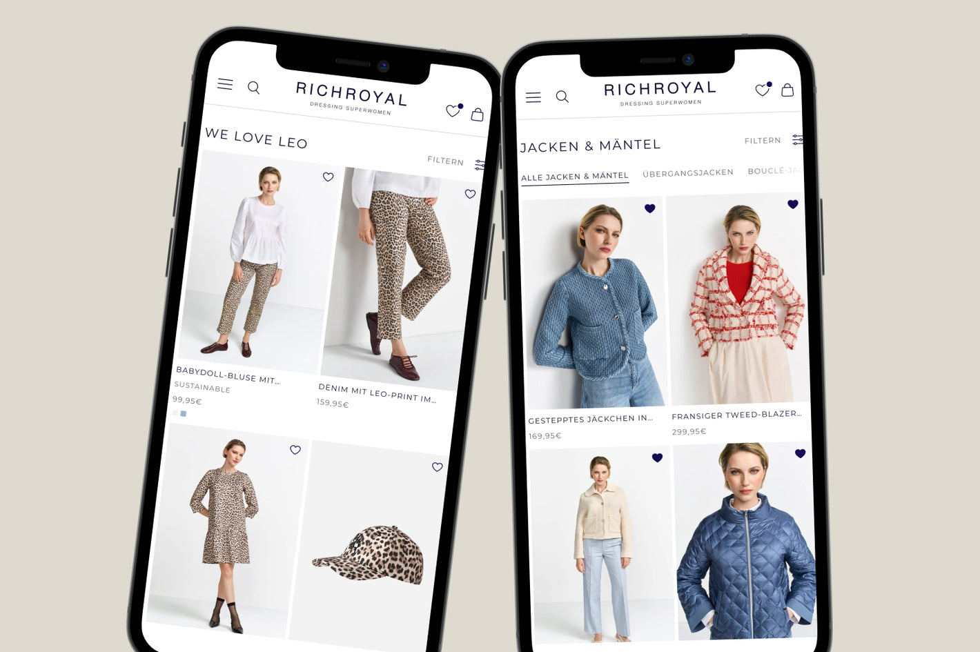 Doppelte Smartphone-Ansicht eines Onlineshops mit Damenmode: Leo-Hose, Kleid, Cap und Strick-, Tweed- sowie gesteppte Jacken