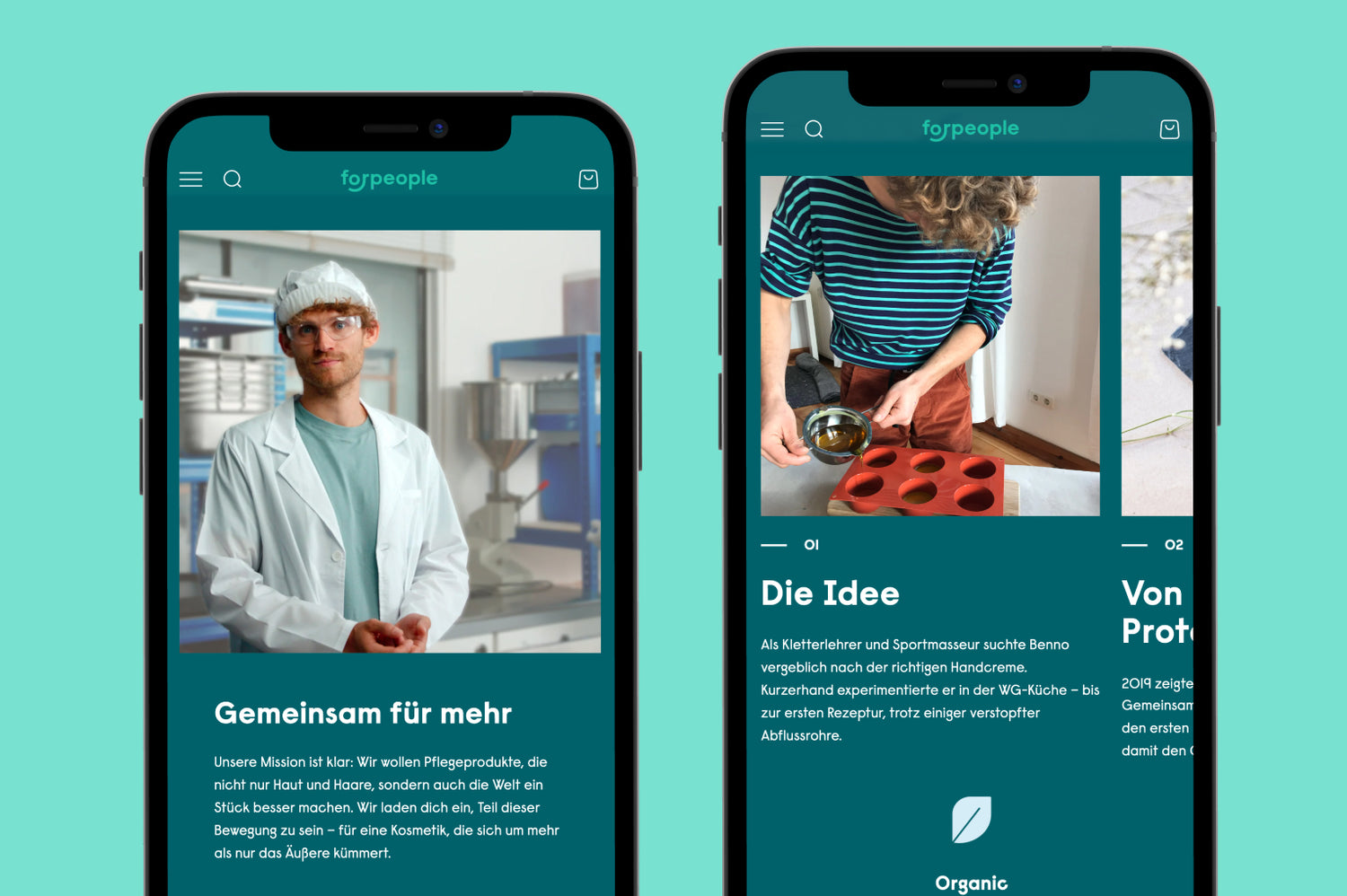 Zwei Smartphone-Displays mit Website für Pflegeprodukte, links Mann im weißen Laborkittel im Labor, rechts Person gießt Creme in Silikonform