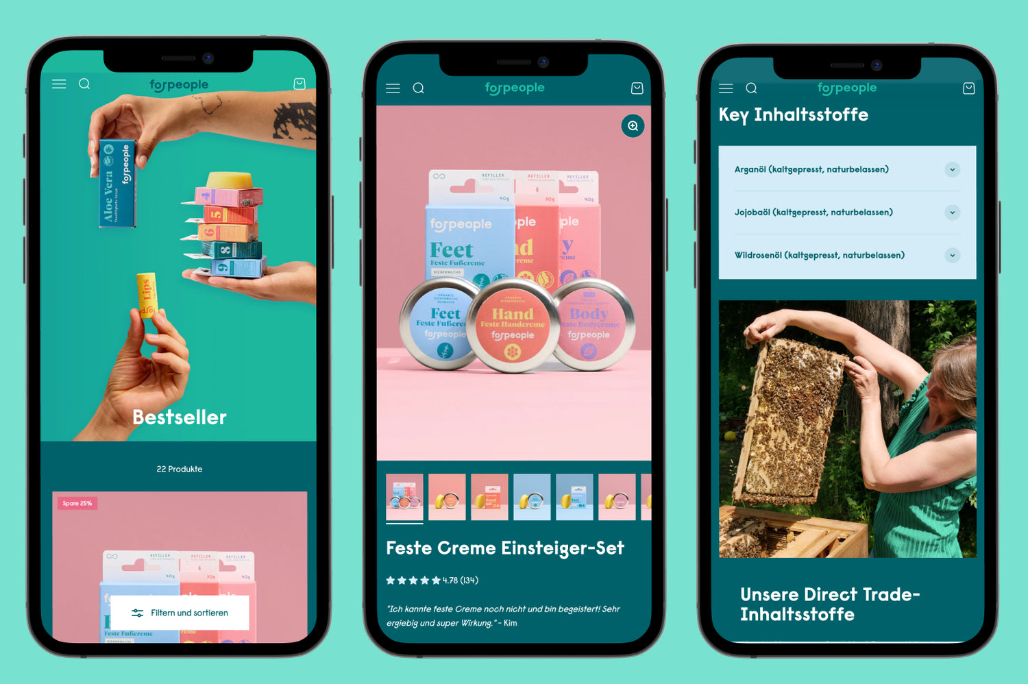 Drei Smartphone-Displays mit Bestseller-Kosmetik, Feste-Creme-Einsteiger-Set und Imkerin hält Bienenwabe