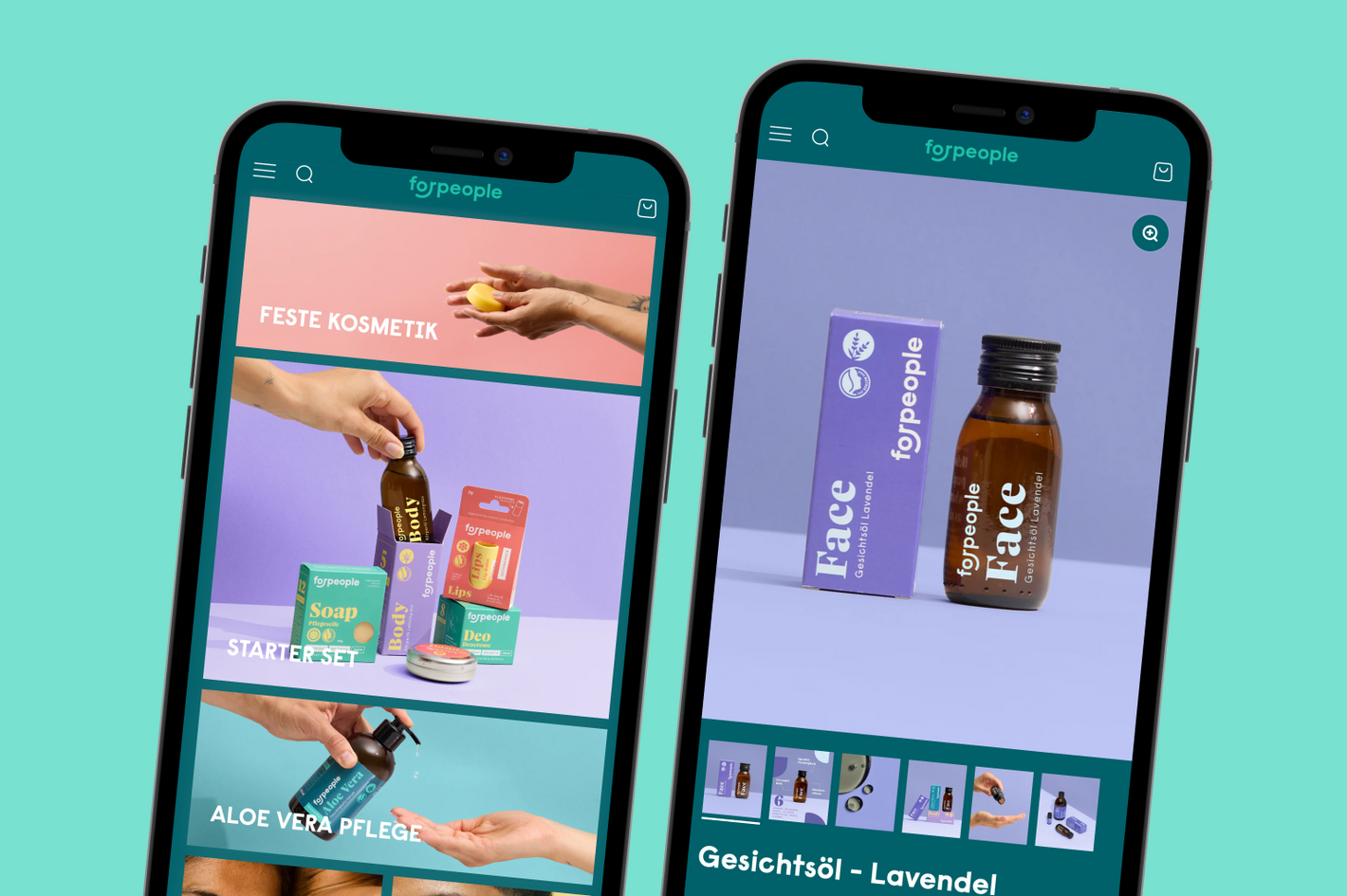 Zwei Smartphones mit Onlineshopansicht fester Kosmetik und Lavendelgesichtsöl Hände präsentieren farbenfrohe Verpackungen