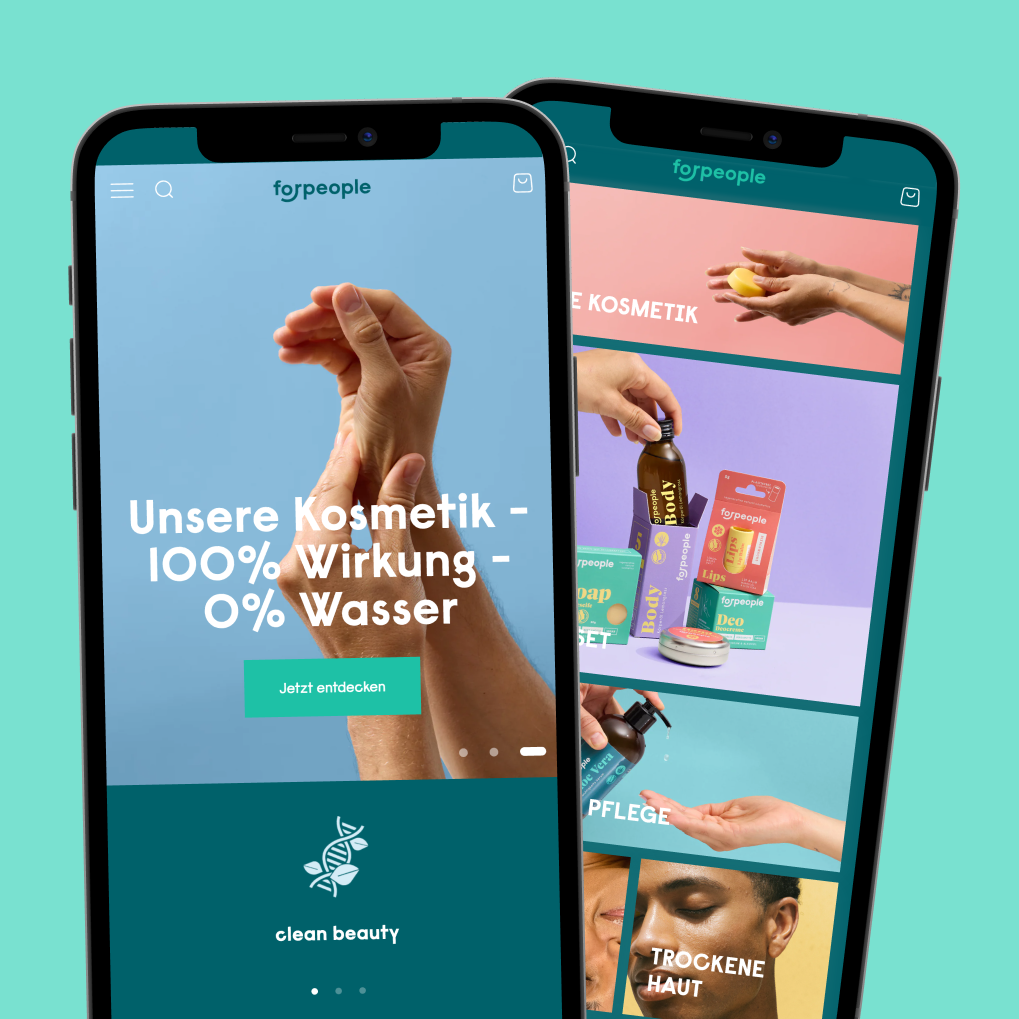 Zwei überlappende Smartphone-Displays zeigen Handmassage auf blauem Hintergrund und bunte Kosmetikverpackungen