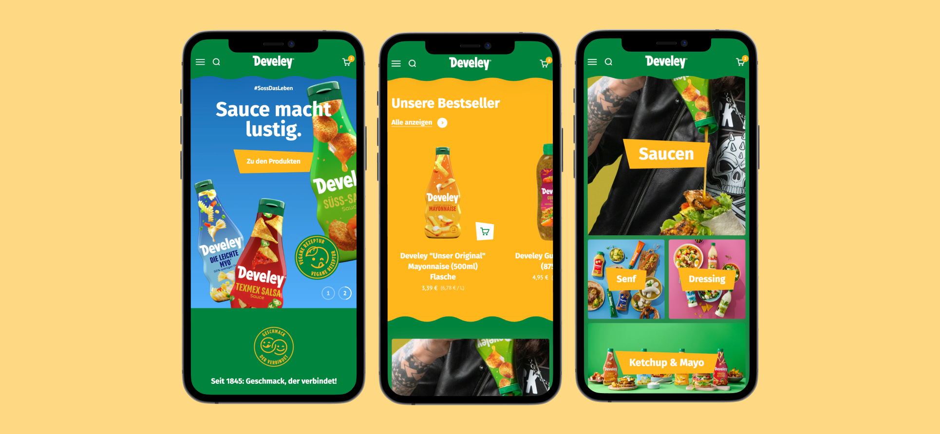 Drei Smartphone-Bildschirme mit bunter Develey-Webseite zur Präsentation verschiedener Saucenflaschen und Bestseller