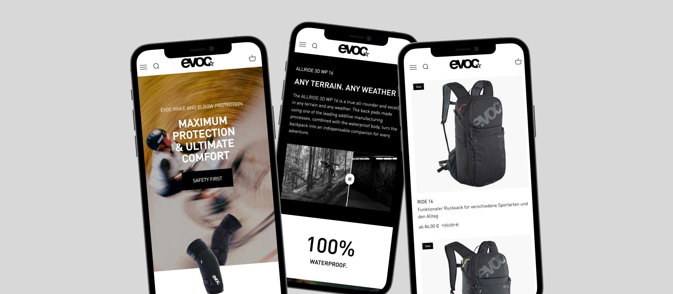 Drei Smartphones zeigen EVOC-Webseiten, linke Polsterschutz-Werbung mit Mountainbiker, mittlere Allride-3D-WP-16-Infos, rechte Ride-16-Rucksackfoto