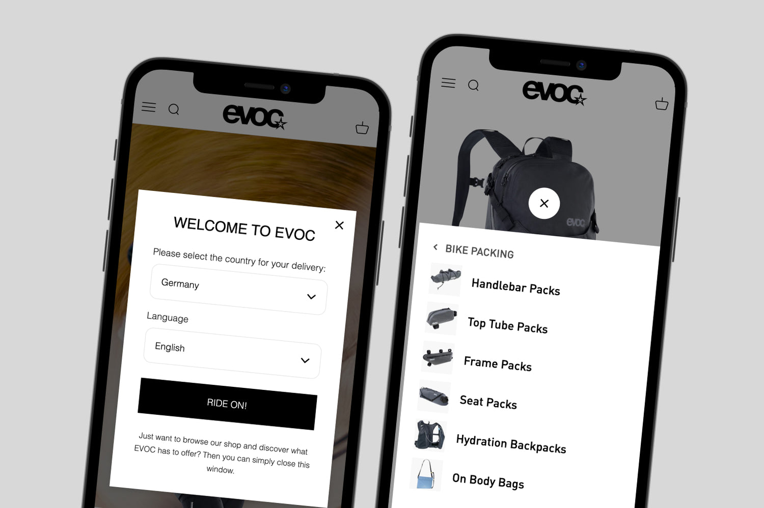 Zwei Smartphones mit Evoc-Webshop Pop-up für Länderauswahl und geöffnetem Bike-Packing-Menü mit schwarzem Rucksack und Packtaschen