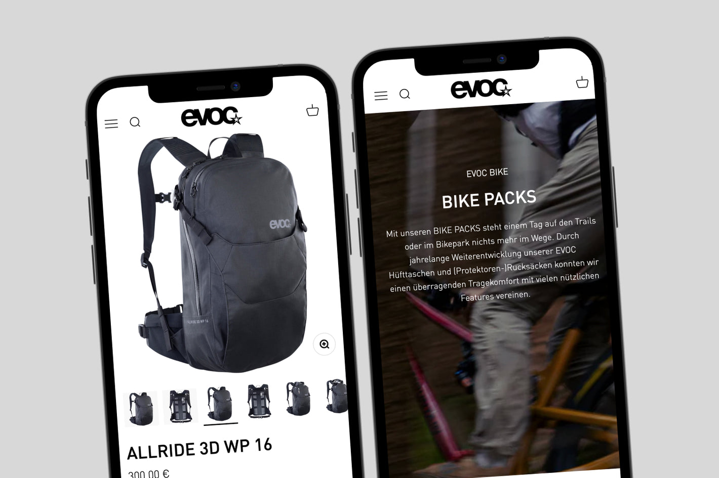 Zwei Smartphone-Bildschirme zeigen Evoc-Webseite mit schwarzem Fahrradrucksack und Bike-Packs-Text