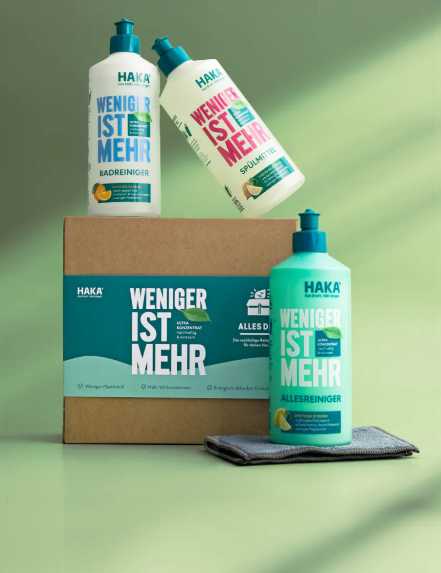 HAKA Weniger ist mehr Karton mit Badreiniger, Spülmittel und Allesreiniger vor grünem Hintergrund