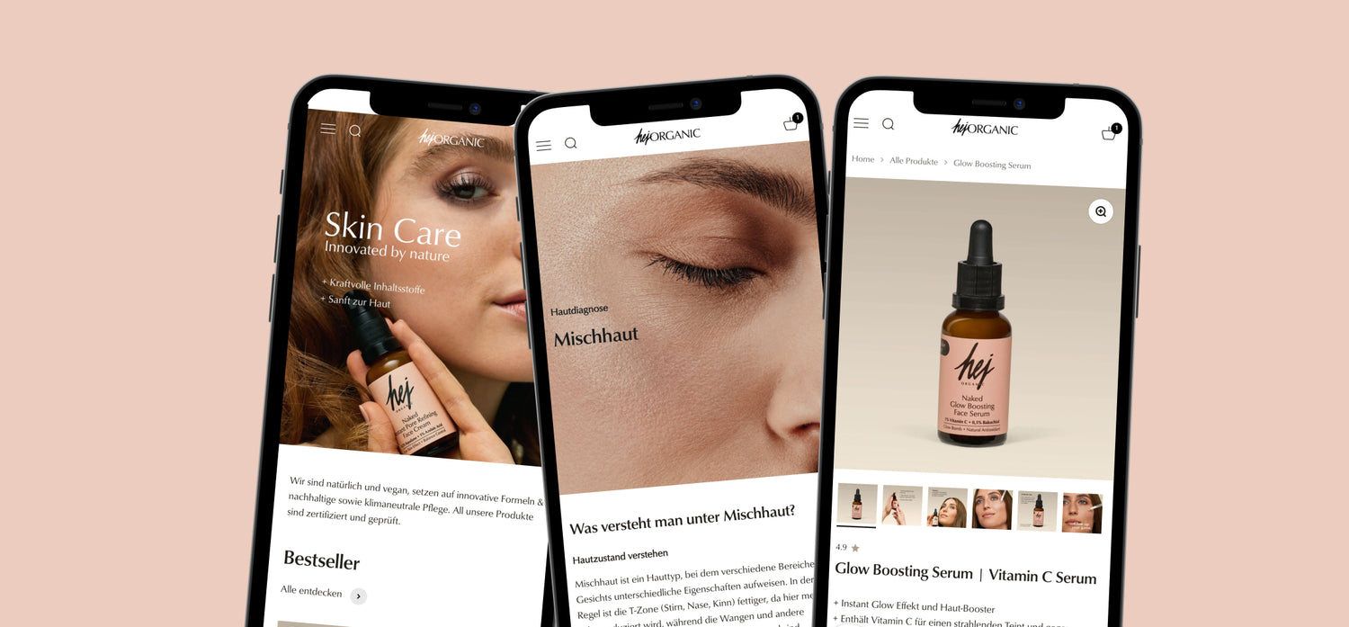 Drei Smartphoneansichten organische Hautpflegeserie Hej Organic mit Produktdetails Gesichtsdiagnose Mischhaut und Glow Boosting Serum
