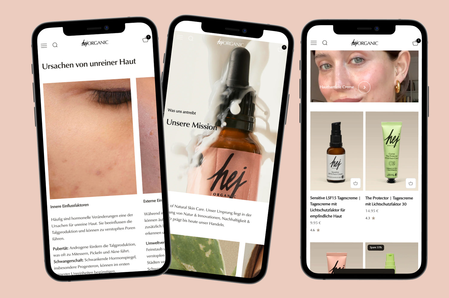 Drei Smartphone-Bildschirme mit hej organic Website, unreine Haut Nahaufnahme, tropfende Serumflasche, Gesichtsporträt und Hautbarrierecremes