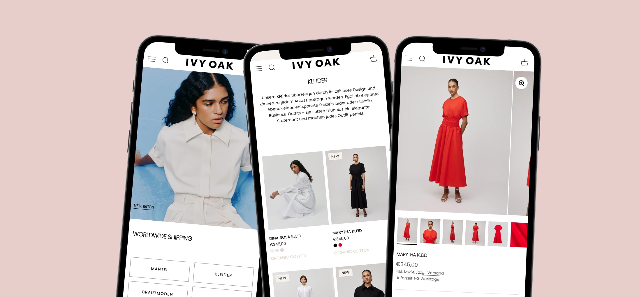 Drei Smartphones zeigen IVY OAK-Webshop: links Model in weißem Kleid, mittlere Produktübersicht, rechts Model in rotem Kleid