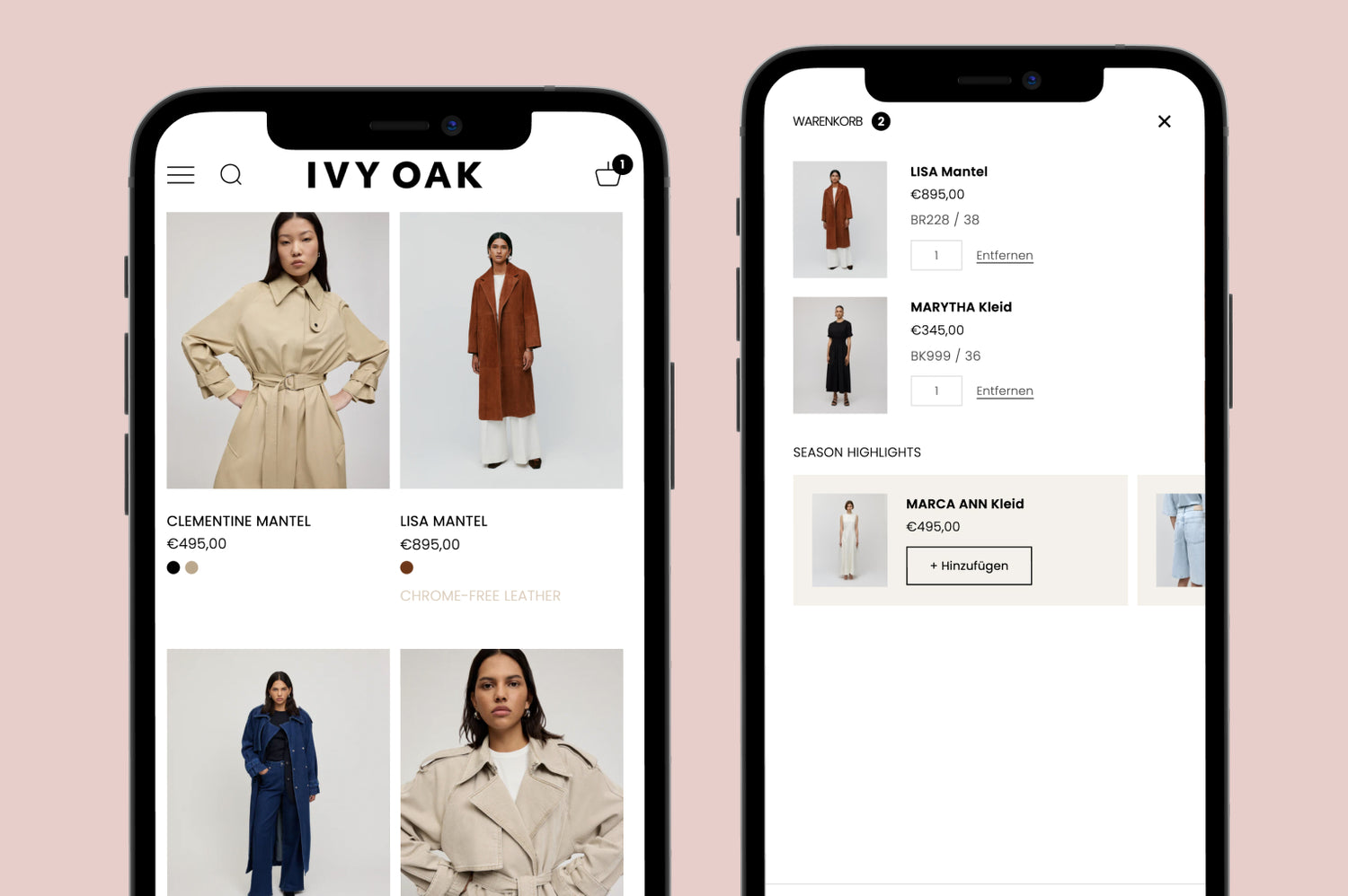 Zwei Smartphoneanzeigen der IVY OAK Onlineboutique mit Mantelgalerie und Warenkorbansicht