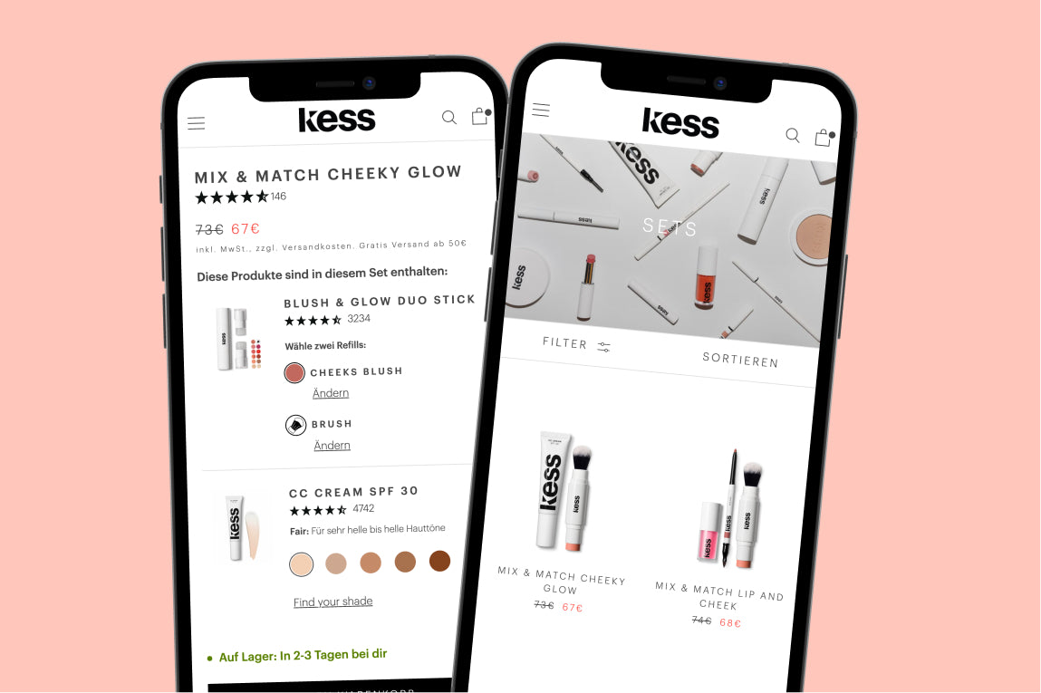 Zwei Smartphone-Displays zeigen Kess Kosmetikset Mix & Match Cheeky Glow und CC Cream SPF30 auf rosafarbenem Hintergrund