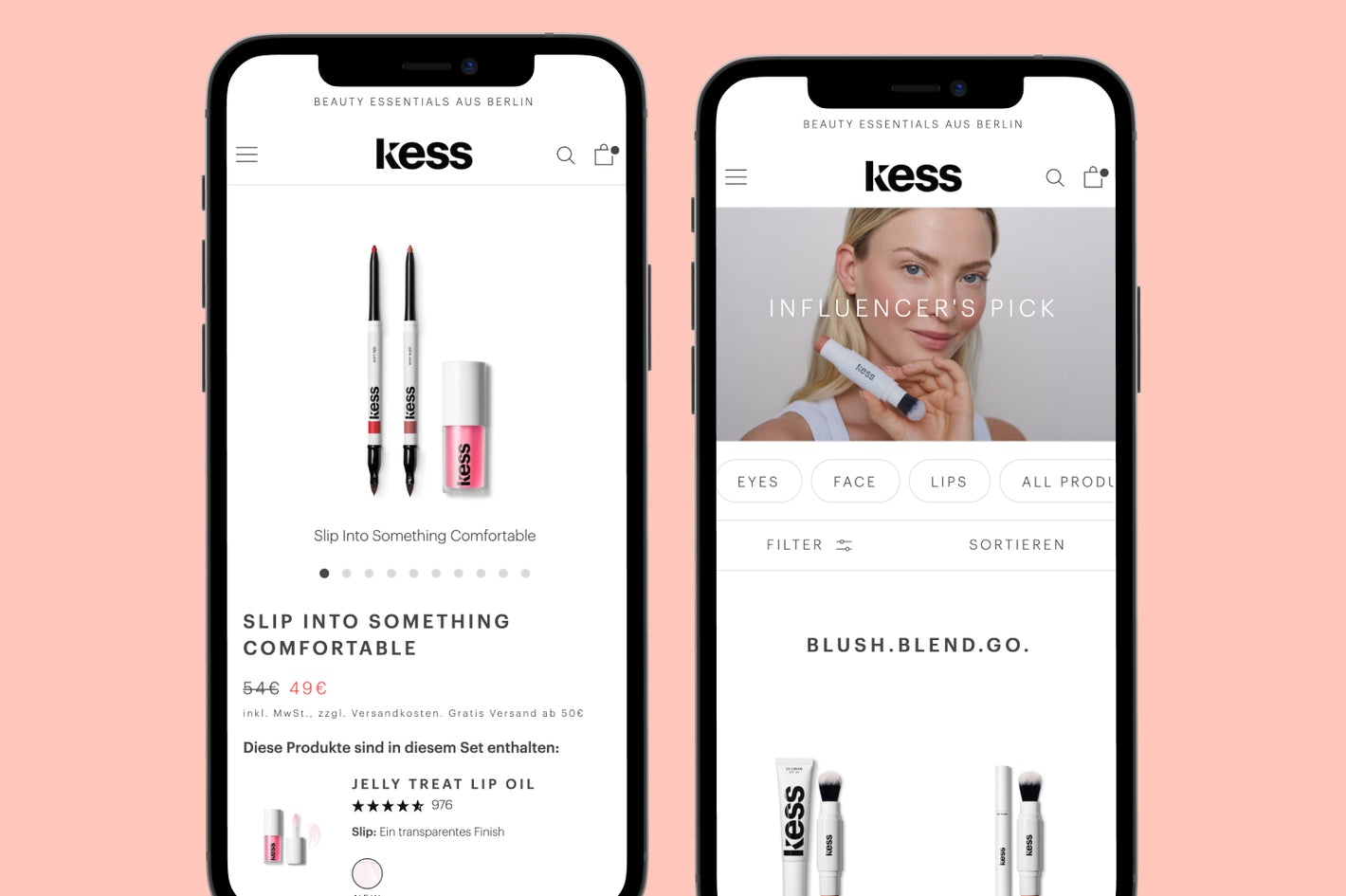 Zwei Smartphones auf rosafarbenem Hintergrund zeigen Kess Website links Lipliner Set rechts Influencerin mit Make-up Stift