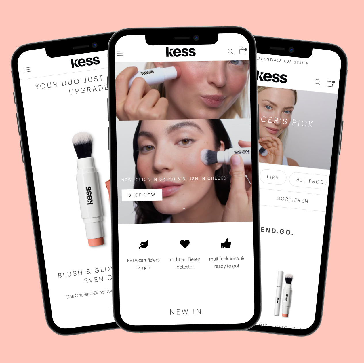 Drei Smartphone Bildschirme zeigen Kess Website Produktansichten und Frauen beim Auftragen von Rouge mit Click In Pinsel