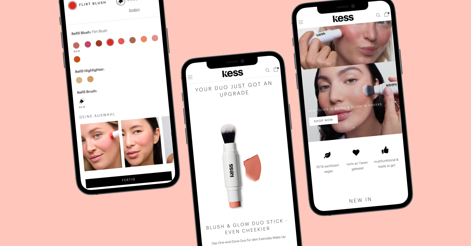 Drei Smartphones zeigen Kess Kosmetik-Onlineshop mit Blush-&-Glow-Duo-Stick Produktansicht und Applikationsbildern