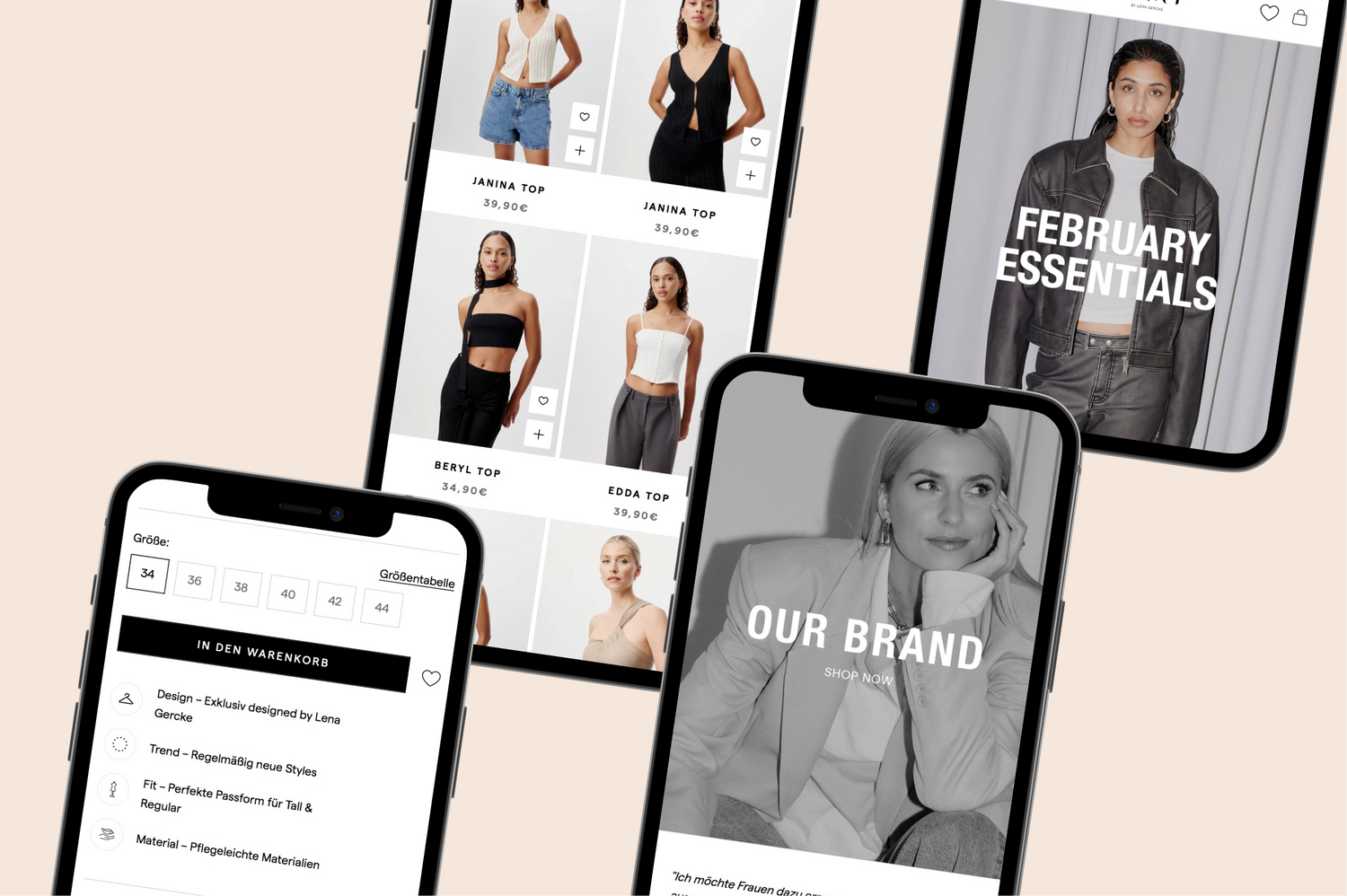 Beige Smartphone-Collage zeigt Mode-Webshop mit Tops, Größenwahl, Preisinformationen, Markenpräsentation und Werbetext