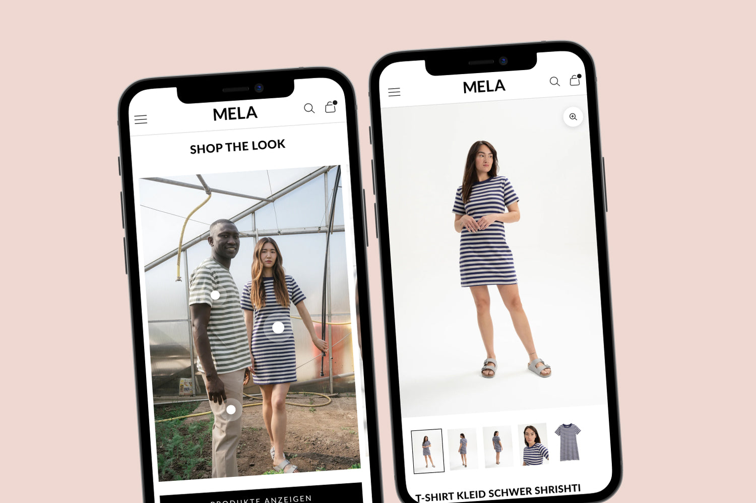Zwei Smartphone Displays mit MELA Webshop links Paar im Gewächshaus gestreifte Outfits rechts Frau im blau weiß gestreiften Kleid
