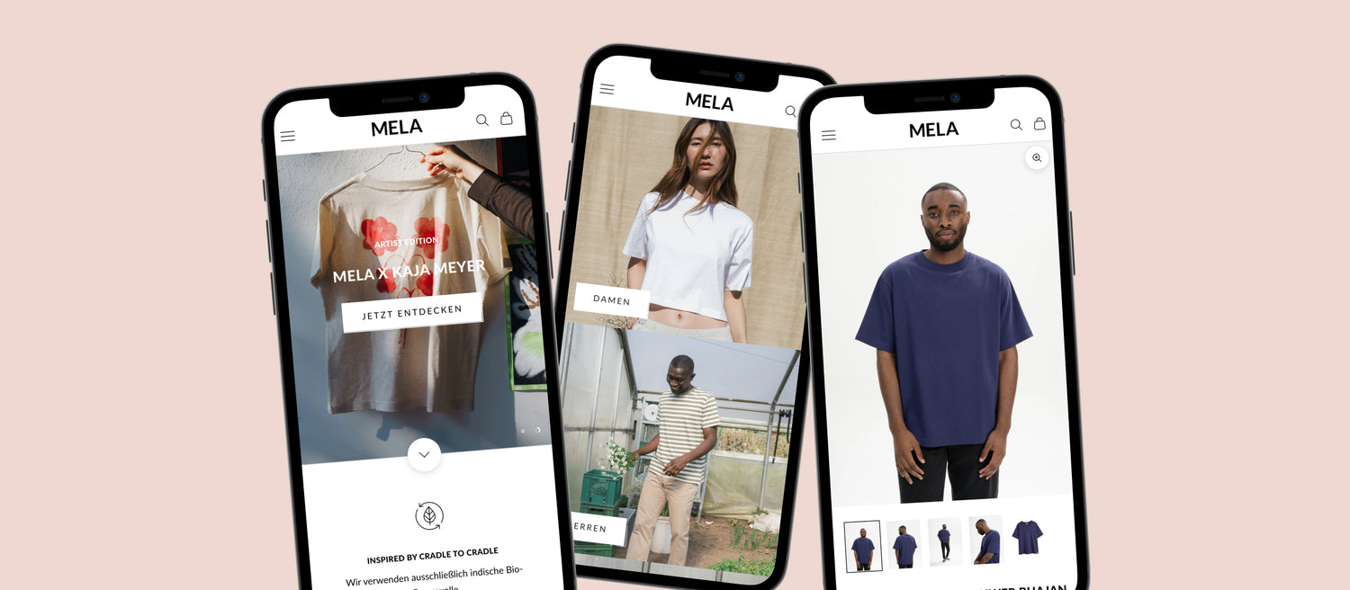 Smartphones zeigen MELA mit künstlerischem T-Shirt mit roten Blumen, weißes Cropped Shirt, gestreiftes Shirt im Gewächshaus, Mann im navy Oversize-T-Shirt