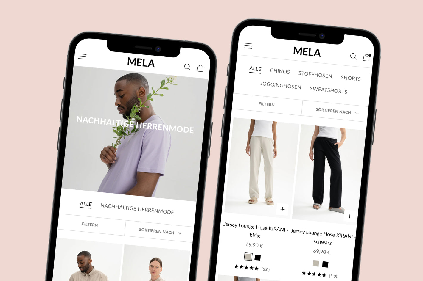 Zwei Smartphones zeigen nachhaltige Herrenmode mit Model hält Pflanze Onlineshop Produktansicht von Loungehosen in Beige und Schwarz