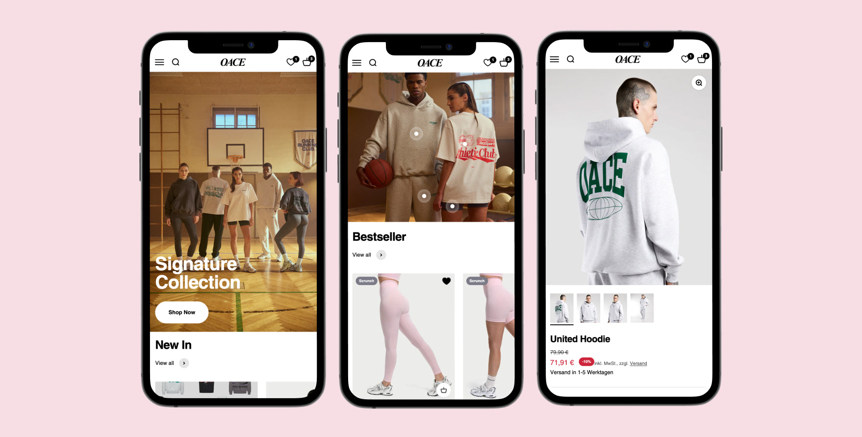 Drei Smartphones zeigen OACE-Webshop: Frauen beim Hallentraining, Paar mit Basketball in Kapuzenpullis, Rückansicht hellgrauer Hoodie