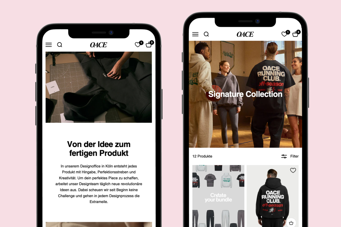 Zwei Smartphones auf rosa Hintergrund mit OACE Webshopseiten linke Designphase schwarzer Hoodie auf Zuschneidetisch rechte Personen in Trainingskleidung