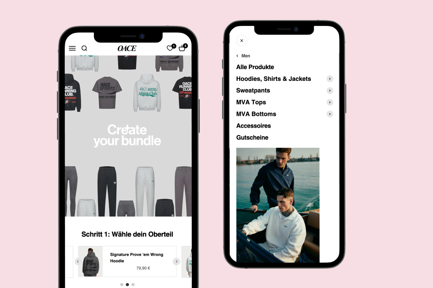 Zwei Smartphones mit OACE-Webshopinterface links Bündelzusammenstellung aus Hoodies und Jogginghosen rechts Menüliste und Männerporträt auf Boot