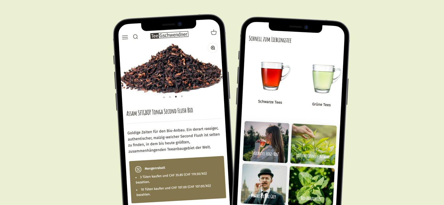 Zwei Smartphones mit Tee-Webshop: linke Seite loser Bio-Assam-Schwarztee, rechte Seite Tassen schwarzer und grüner Tees