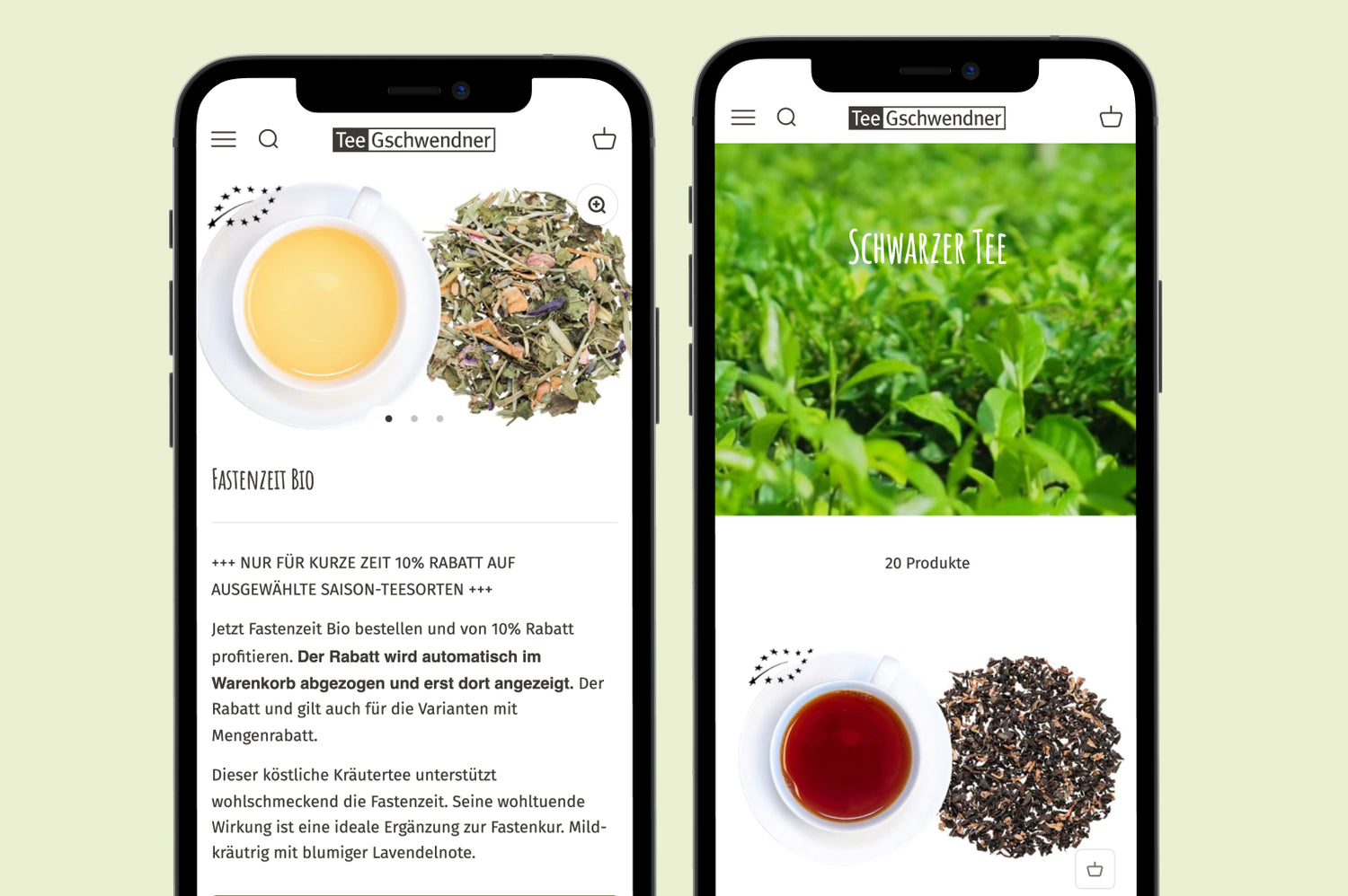 Zwei Smartphone-Bildschirme mit Tee Gschwendner App links Bio-Kräutertee rechts Schwarzer Tee mit Tasse und Teeblättern