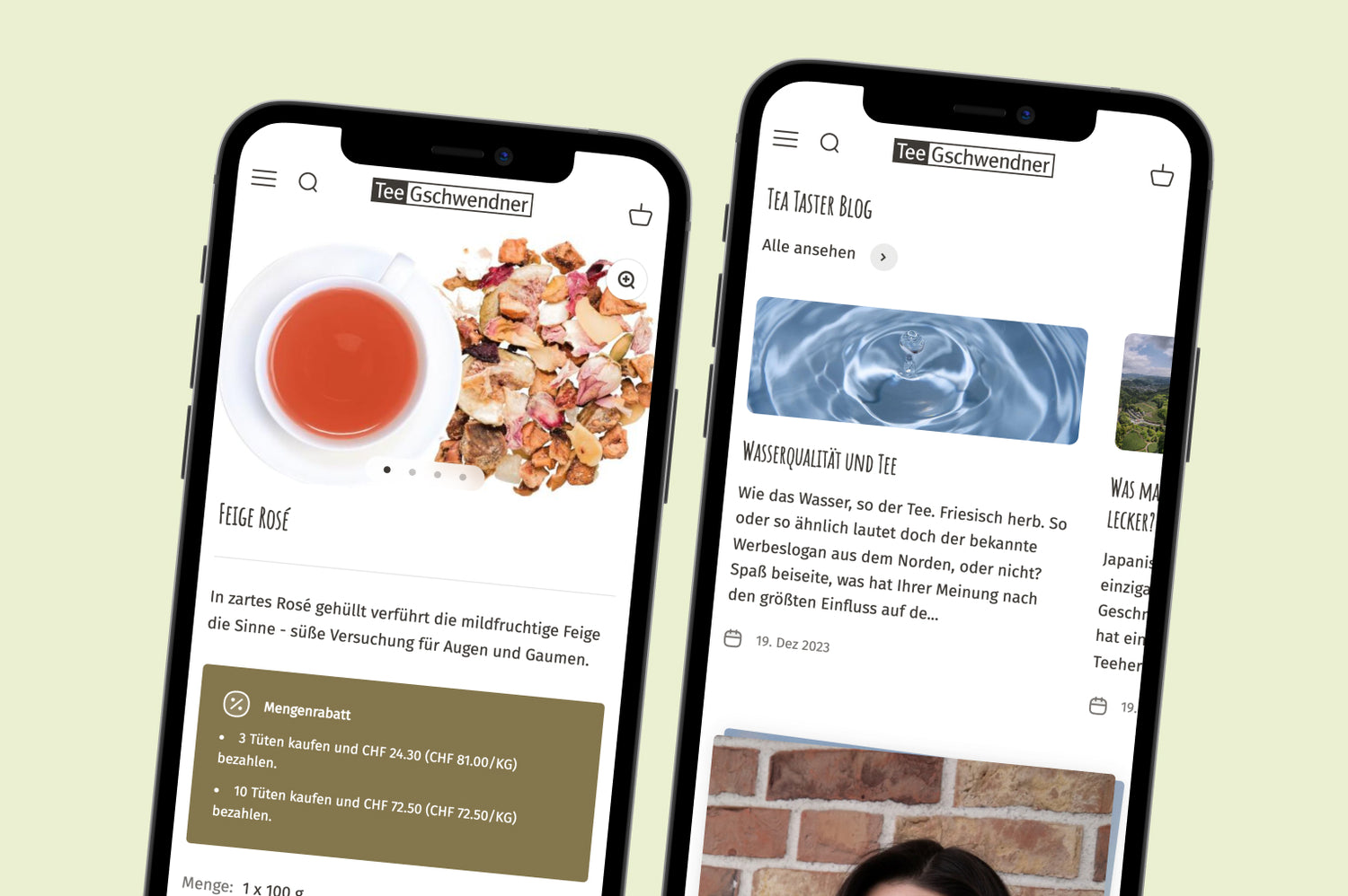 Zwei Smartphones zeigen Tee Gschwendner Onlineshop Feige Rosé Früchteteemischung und Tea Taster Blog Artikelübersicht
