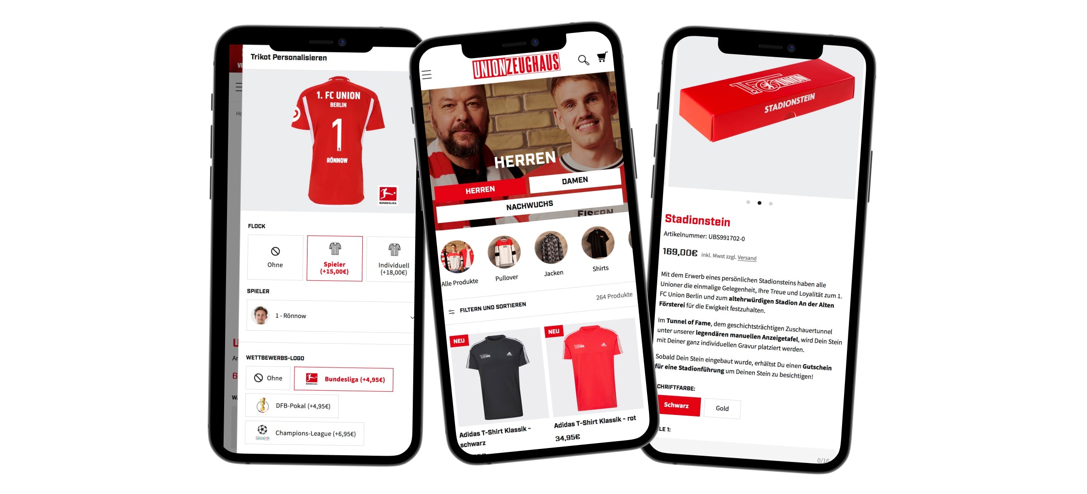 Drei Smartphone-Bildschirme mit rot-weißer 1.FC Union Berlin Webshop-Ansicht Trikot-Konfiguration Produktübersicht und Stadionstein-Angebot