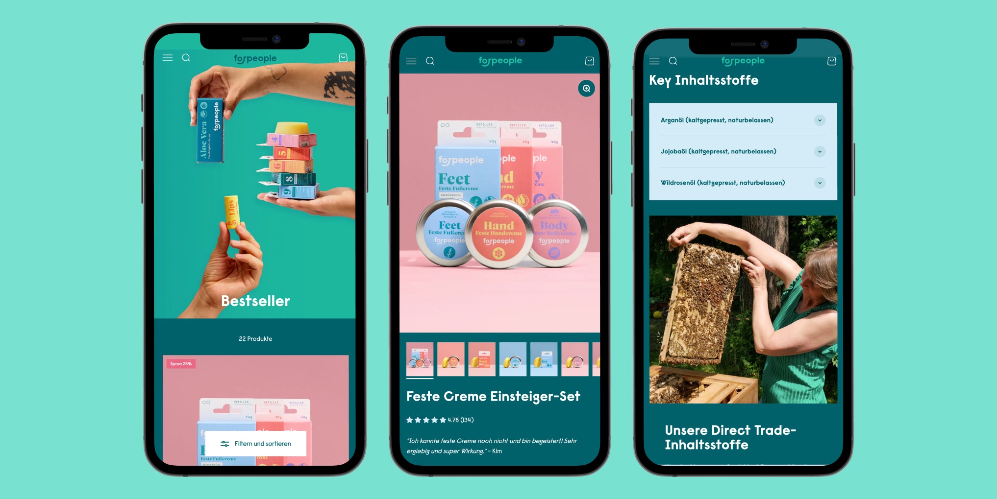 Drei Smartphones Onlineshop für feste Cremesets in bunten Dosen und Imkerin präsentiert Bienenwabenrahmen