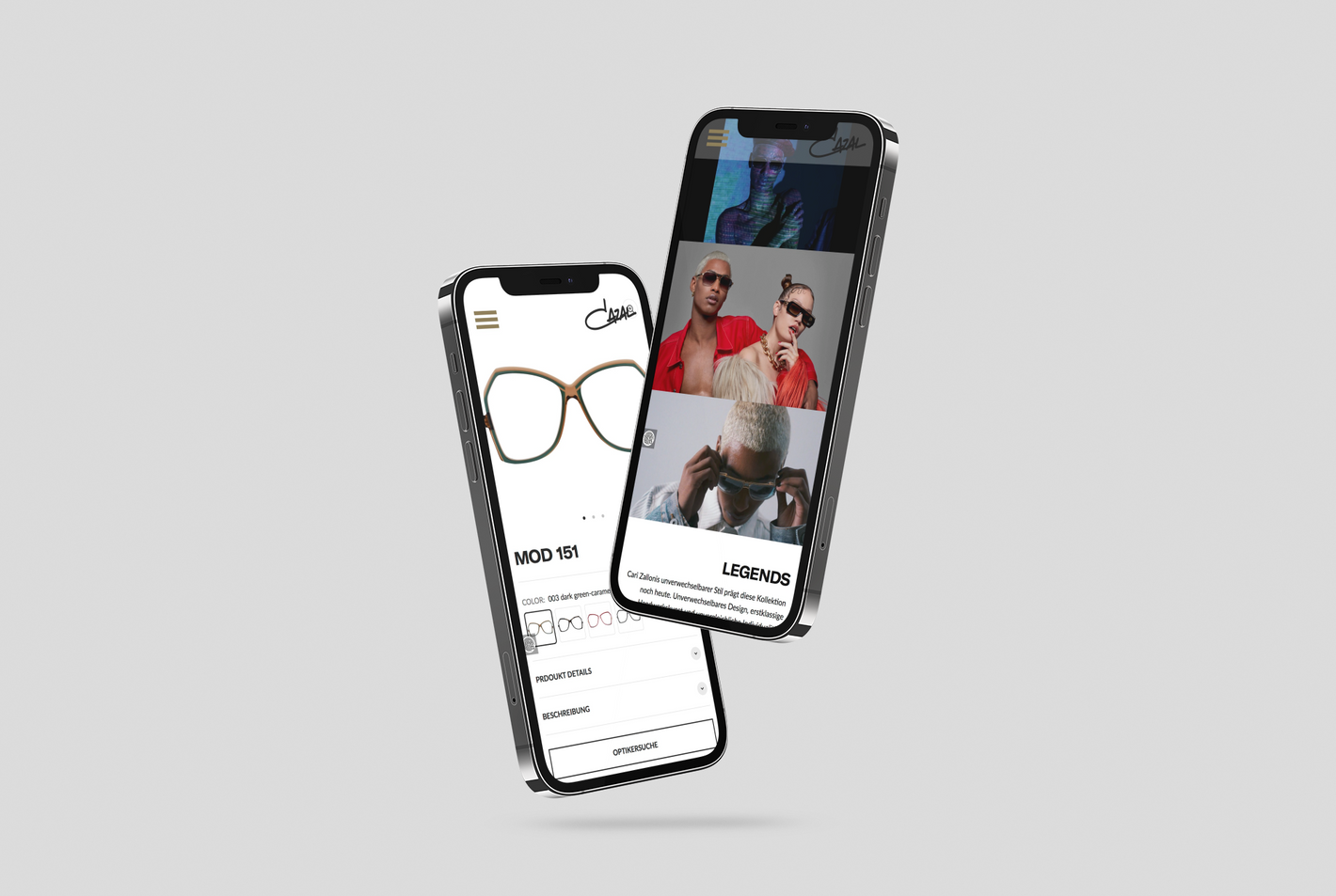 Zwei schwebende Smartphones zeigen Brillenrahmen-Produktdetail und Modellcollage vor grauem Hintergrund