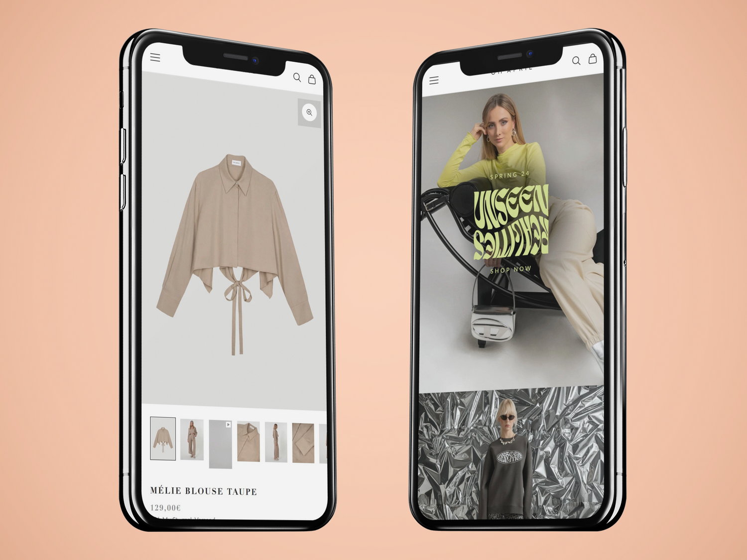 Zwei Smartphones mit Onlineshopansicht taupefarbene Bluse neben Modelaufnahmen gelbem Pullover grauem Sweater
