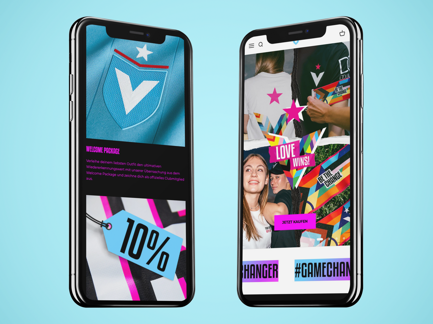 Zwei Smartphones mit Apps: linke Oberfläche V-Logo auf hellblauem Stoff, 10-Prozent-Rabatt, rechte bunte Love-Wins-Kampagne mit Jetzt-kaufen-Button