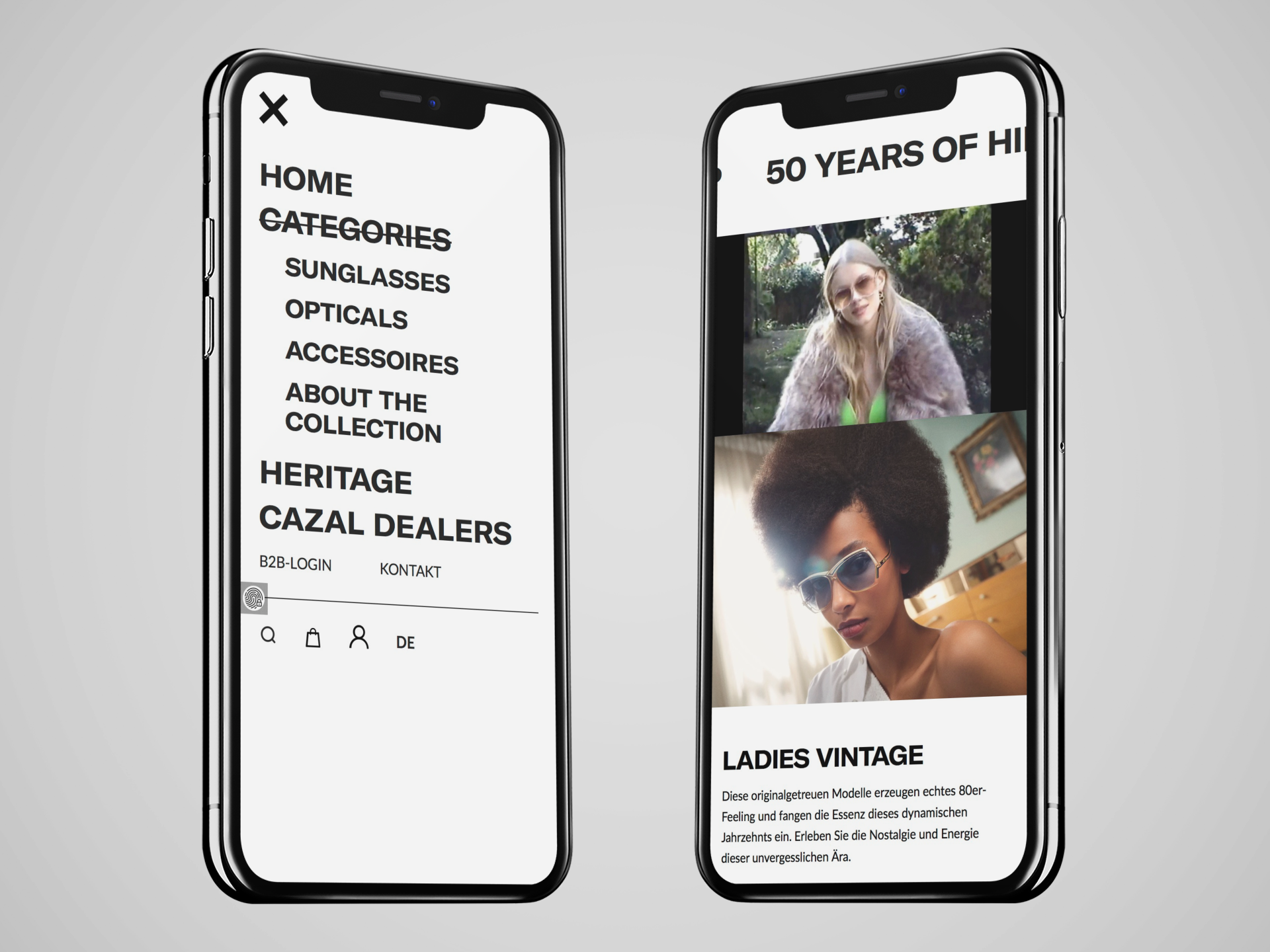 Zwei Smartphones zeigen linke Menüliste mit Brillenkategorien und rechten Bildschirm mit Models in Vintage-Sonnenbrillen